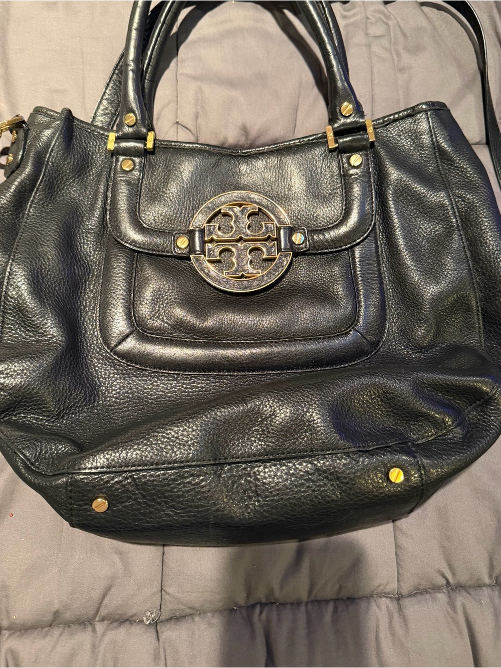 Tory Burch Black Leather Tote with Gold Logo Hardware